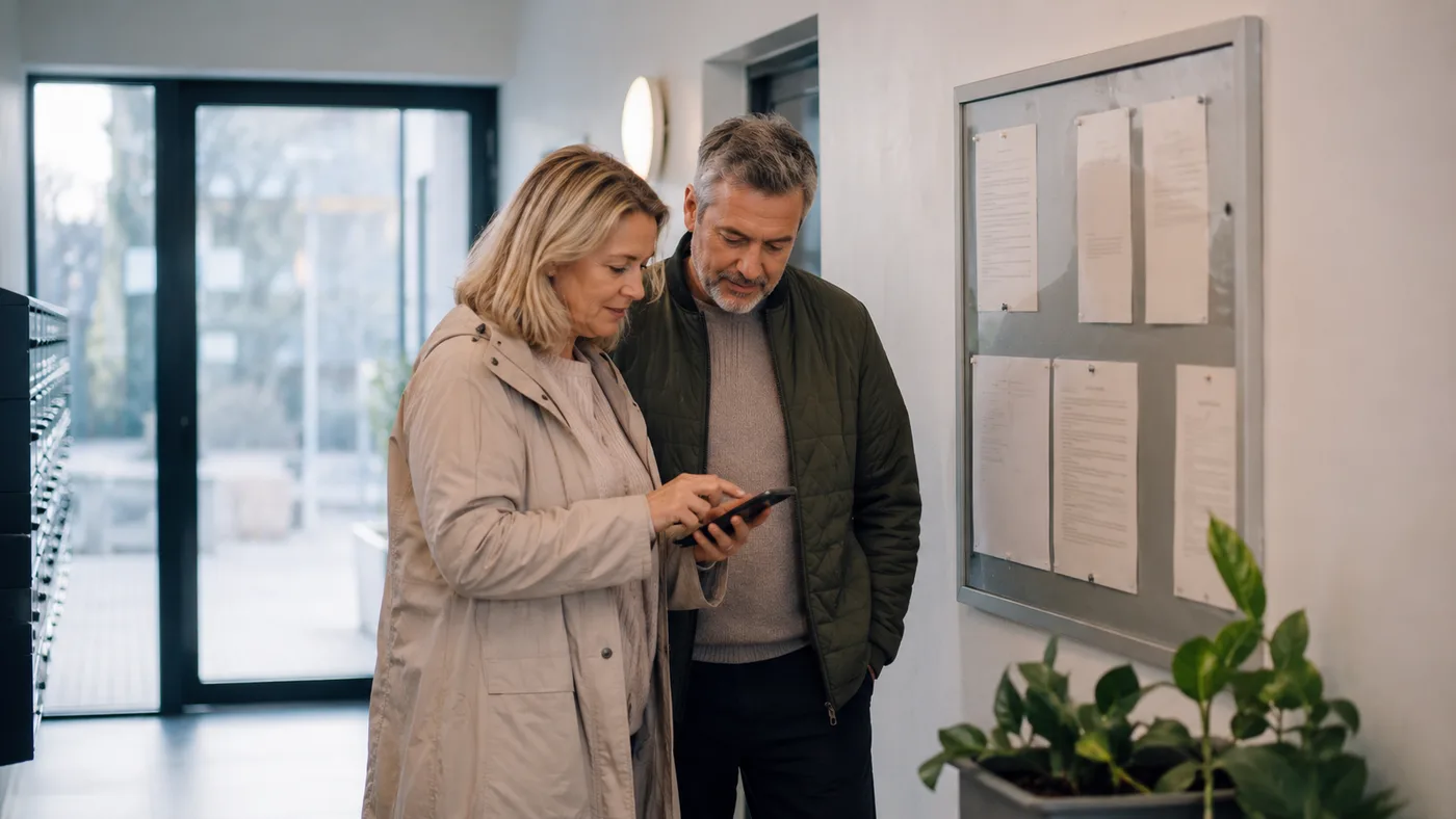 Beboere ser opslag og information i boligforeningen