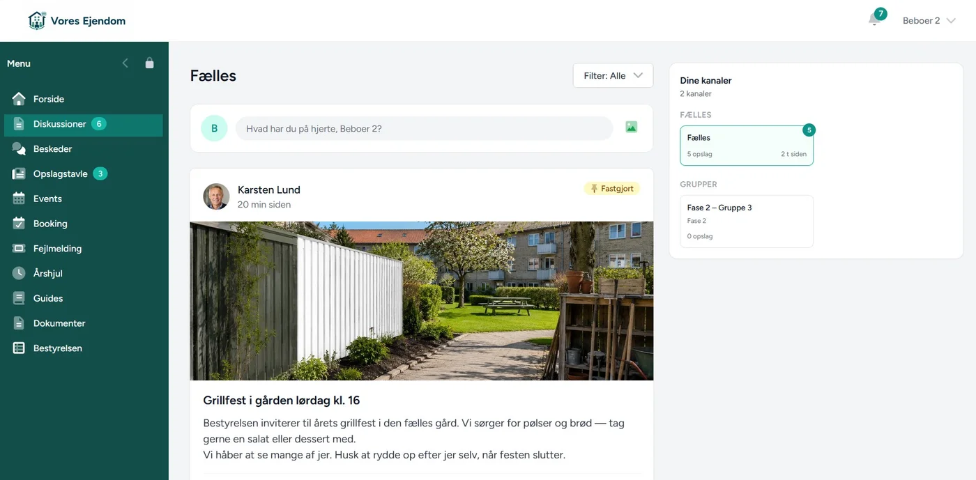 Feed med kanaler, kommentarer og billeder i Vores Ejendom